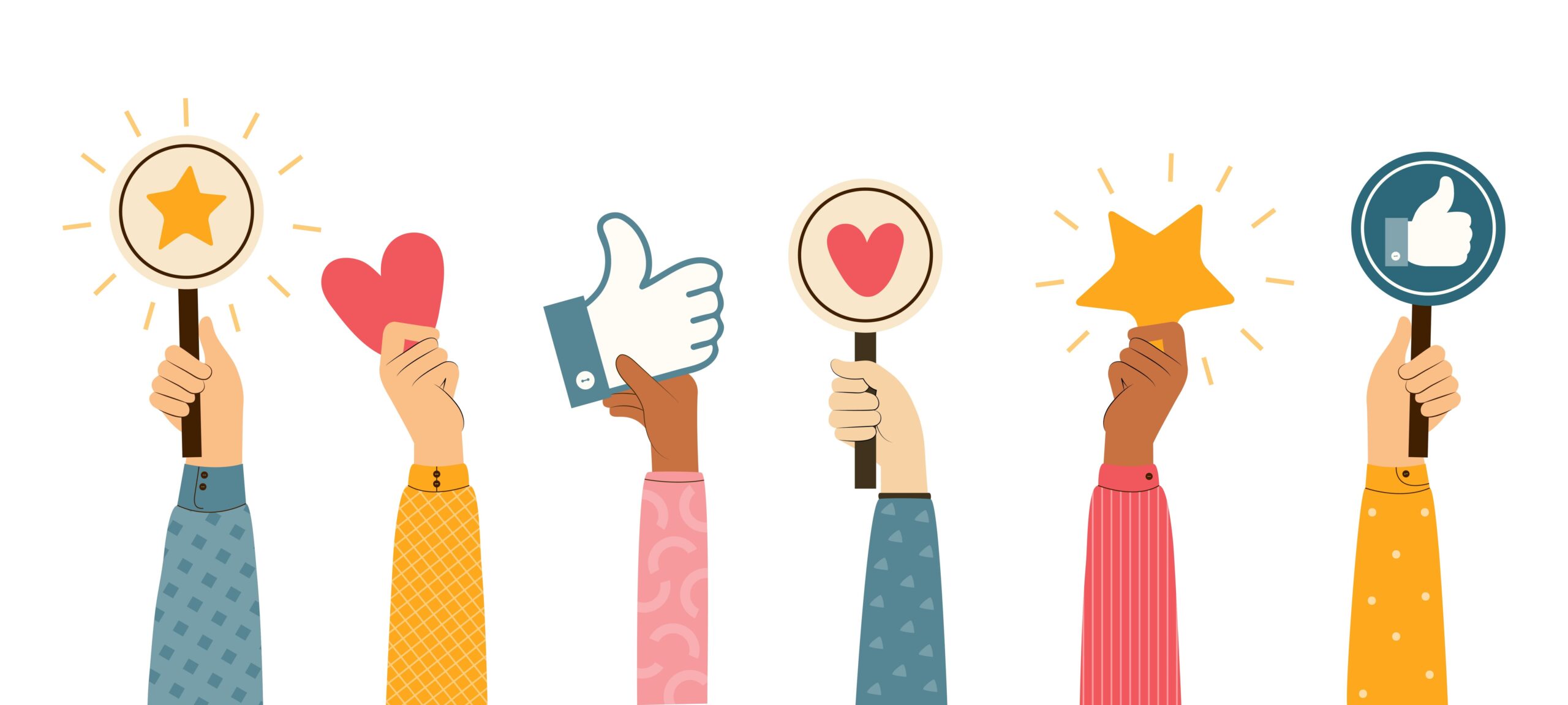 People give review rating and feedback. Hands different skin colors vote. Likes, hearts, thumbs up button, positive and approve signs, rating Icons. Customer choice. Colored flat illustration