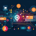 An illustration of a microchip on a circuit board with "CRM" stylized using customer icons and interaction symbols, representing the concept of Customer Relationship Management.