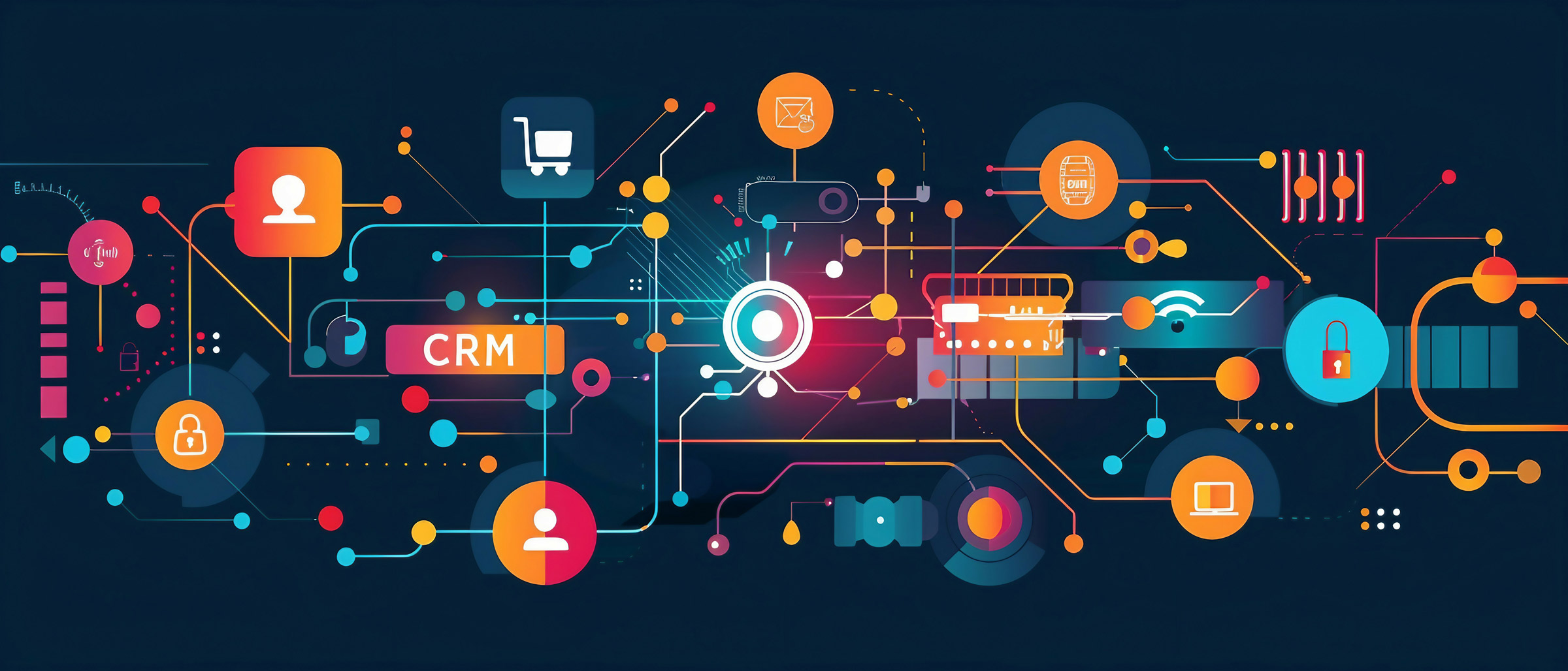 An illustration of a microchip on a circuit board with "CRM" stylized using customer icons and interaction symbols, representing the concept of Customer Relationship Management.