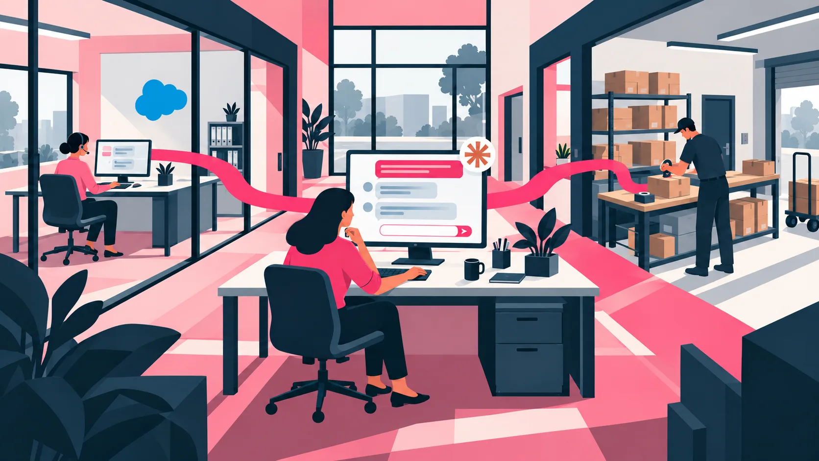 Illustration of a connected office where a sales team, a service desk, and a warehouse share work through an AI assistant